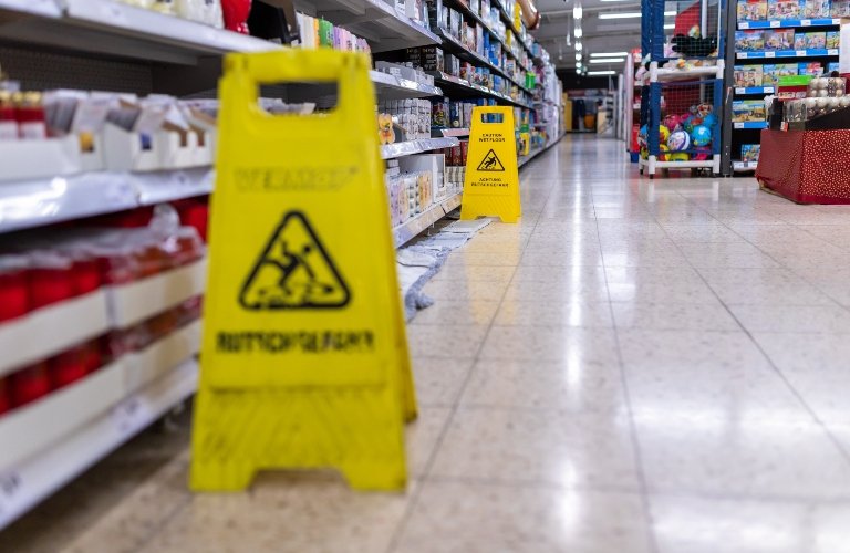 Wet floor hazard in a grocery store aisle